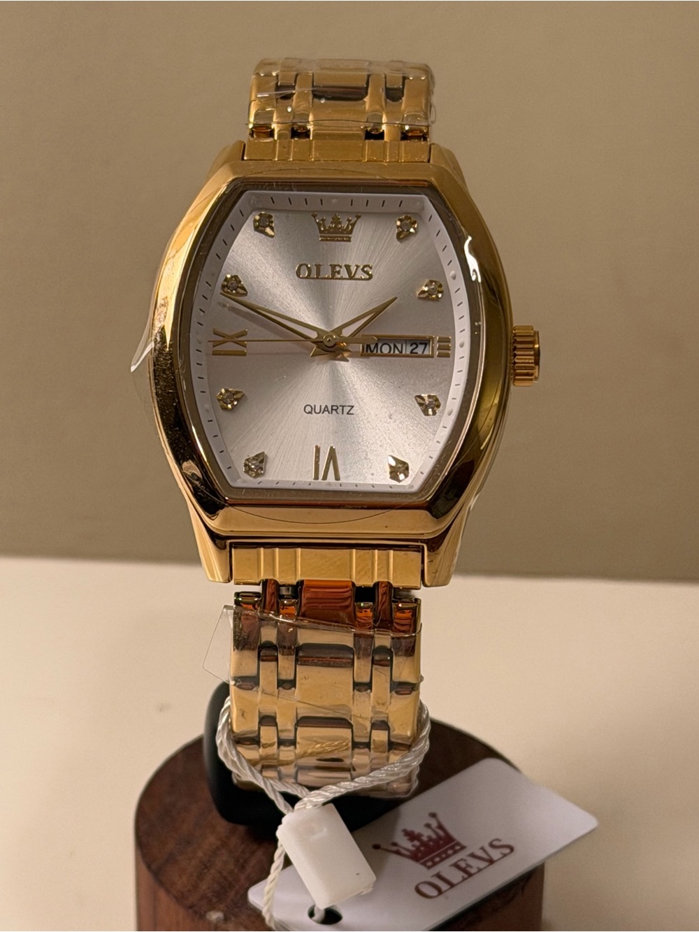 NEW OLEVS 5528G Gold Tonneau Watch – Day/Date | Crystal Markers - 39.5mm